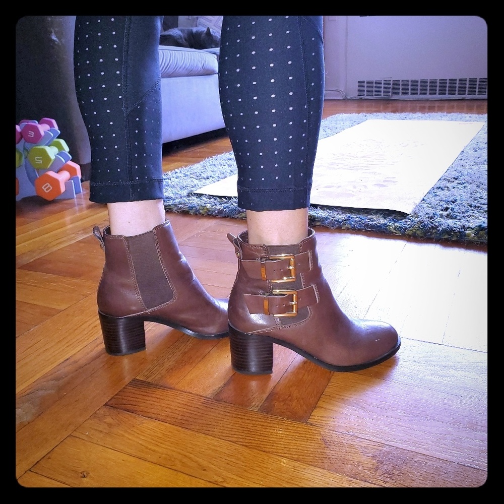 SAM EDELMAN brown leather booties w/buckles
